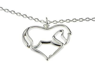 A silver pendant necklace that shows a horse with its head touching its front knees, the tail touching the hocks of the back leg, and its hooves are touching one of another so that the horse is in a heart shape.