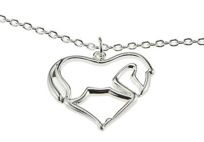 A silver pendant necklace that shows a horse with its head touching its front knees, the tail touching the hocks of the back leg, and its hooves are touching one of another so that the horse is in a heart shape.