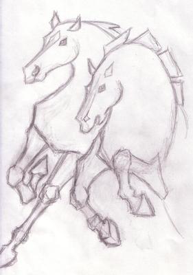 A pencil drawing of two horses galloping. The horses have a geometric, boxy look to them.