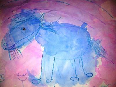 A watercolor painting of a blue horse on a purple and pink colored background.