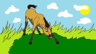 A digital drawing of the horse Spirit from the movie Spirit: Stallion of the Cimarron as a foal in the green grass with his head lowered. The sun, clouds, and blue sky are above.