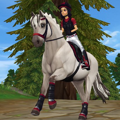 A graphic from the game Star Stable. It shows a horse and rider cantering on a dirt path through pine trees. The horse is wearing black english tack and the rider is wearing cross country gear.