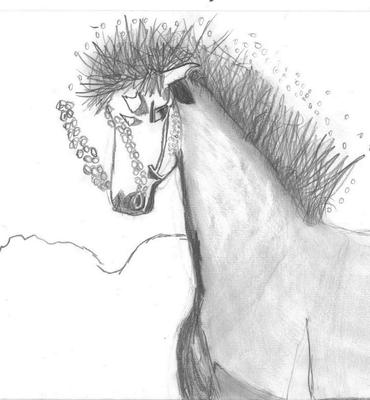 A pencil drawing of a horse underwater blowing bubbles from its nostrils. The horse's mane is sticking up and its wearing some accessories.