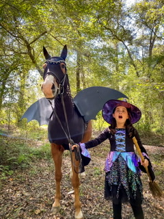 The witch and her bat in the haunted woods costume