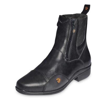 A single Tonics paddock boot. It is black leather and has the Tonics symbol on the outer edge, of the material attached to the zipper, and on the material that makes a tab on the back. The boot has a side zipper.