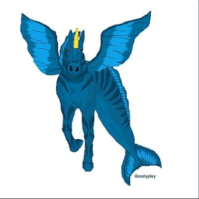 A drawing of a half unicorn half mermaid creature that has wings. The upper half is a horse the bottom half is a mermaid tail. The creature is blue and has a gold unicorn horn.