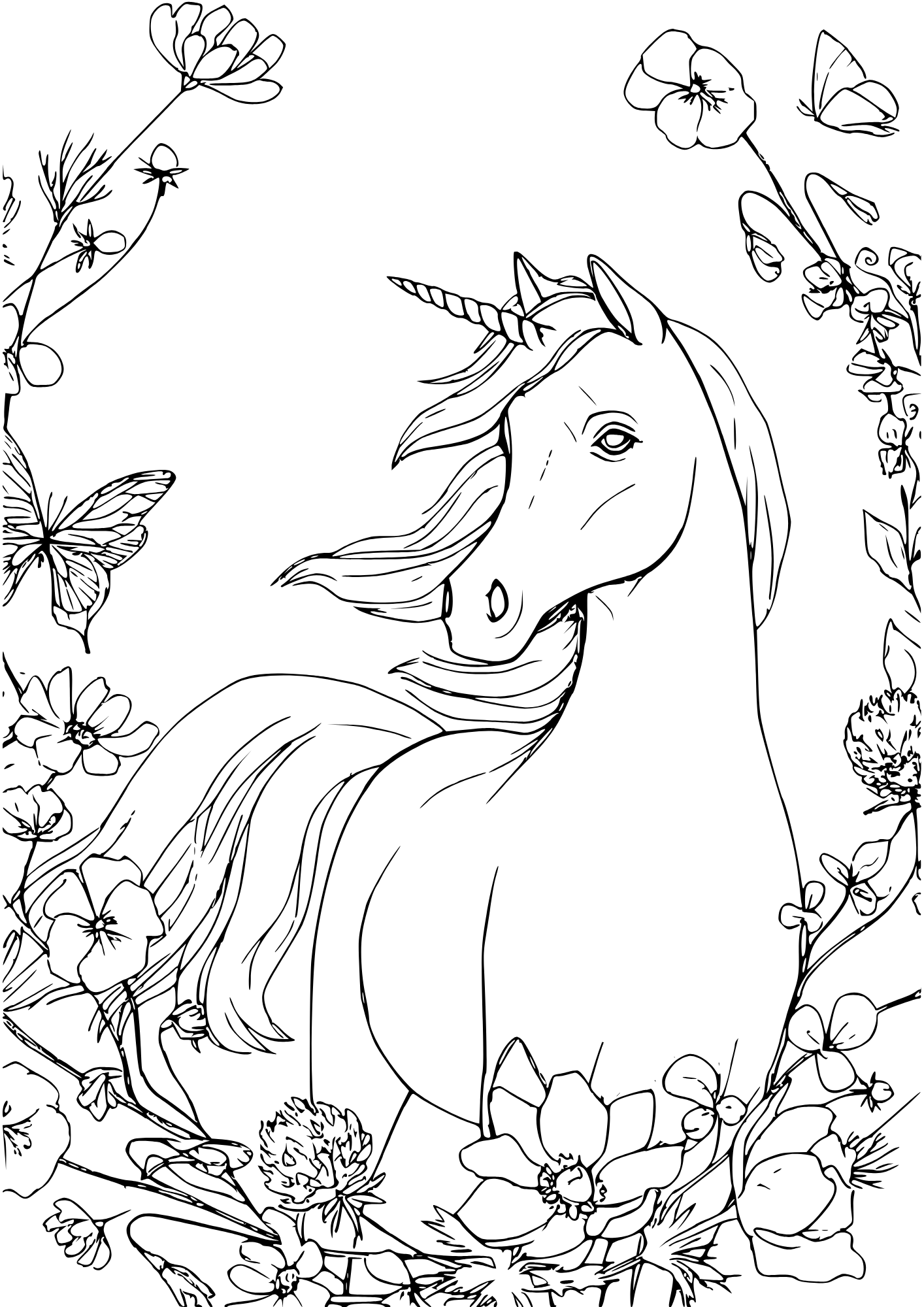 Free unicorn coloring page featuring a unicorn surrounded by flowers and butterflies