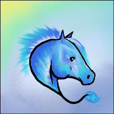 A drawing of a horse's head. The horse and the background both have a tie-die look. There is a line with a leaf at the end coming off of the horse's head. There is also a watermark on the image.