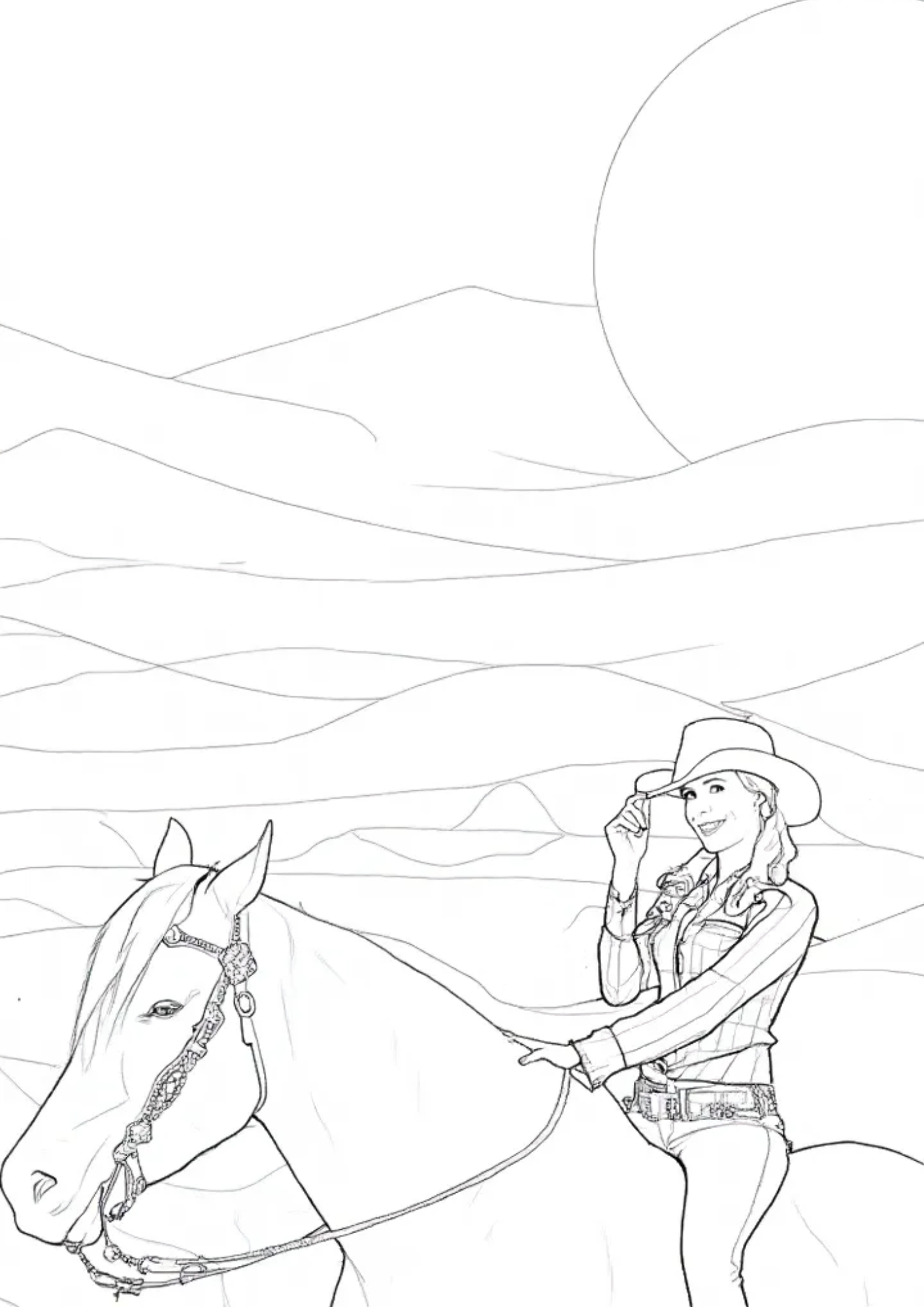 A coloring page of a woman riding a horse bareback with mountains and sun in background