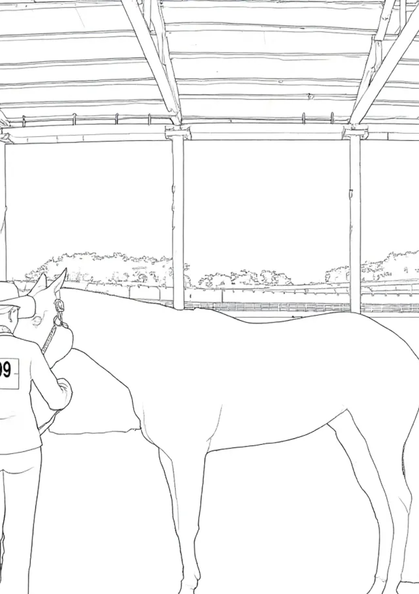 A coloring page of a woman doing showmanship with her horse