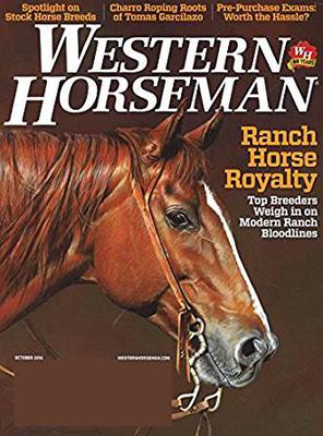 The cover of Western Horseman magazine. It shows a chestnut horse with a white stripe wearing a light brown western bridle against a brown background. Different topics covered in the magazine are mentioned at the top and to the right of the magazine article.