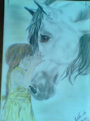 A drawing of a little head head girl wearing a yellow dress hugging a buckskin horse's face that is reaching down towards her. The drawing is from a side angle and you can see on of the horse's eyes.