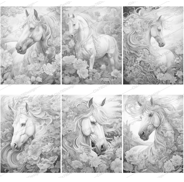 6 unique coloring pages from etsy showing white horses with flowers