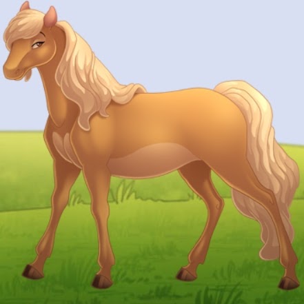 A graphic from the game White Oak Stables. It shows a light chestnut horse standing in a field. The grass is green and there are shrubs in the background. The sky is blue.