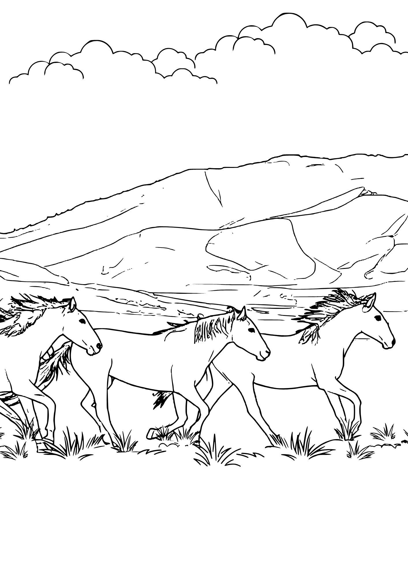 Wild horses galloping herd free coloring page