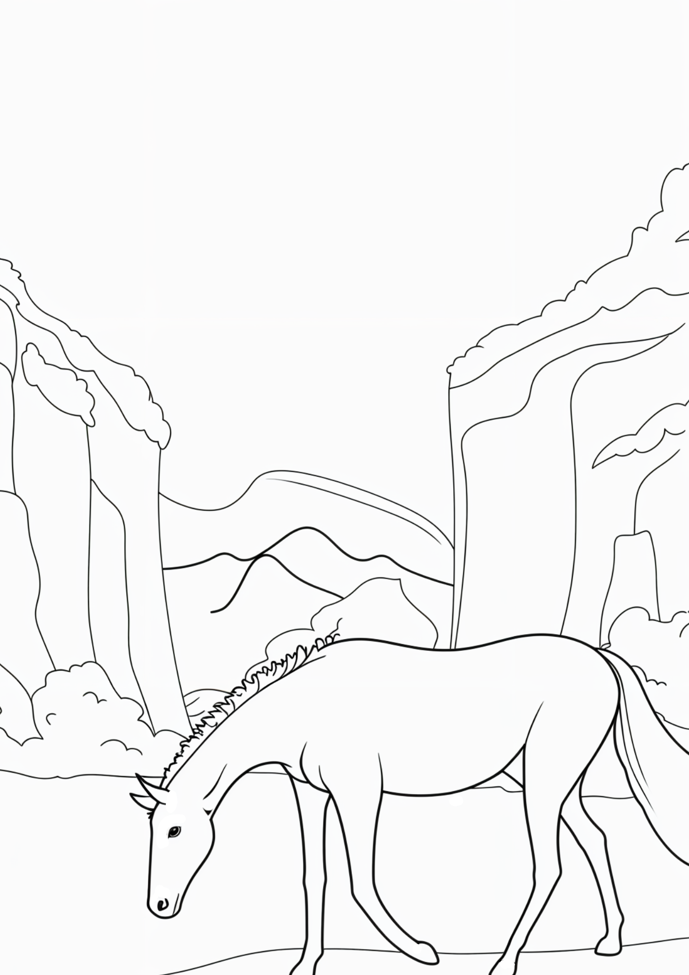 Wild horse walking peacefully through open landscape free coloring page