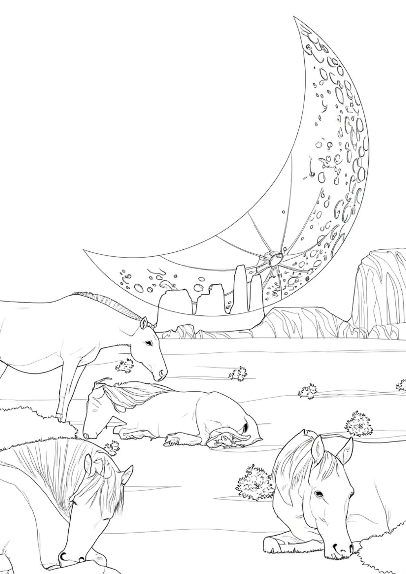Wild horses in a moonlit night scene free coloring page