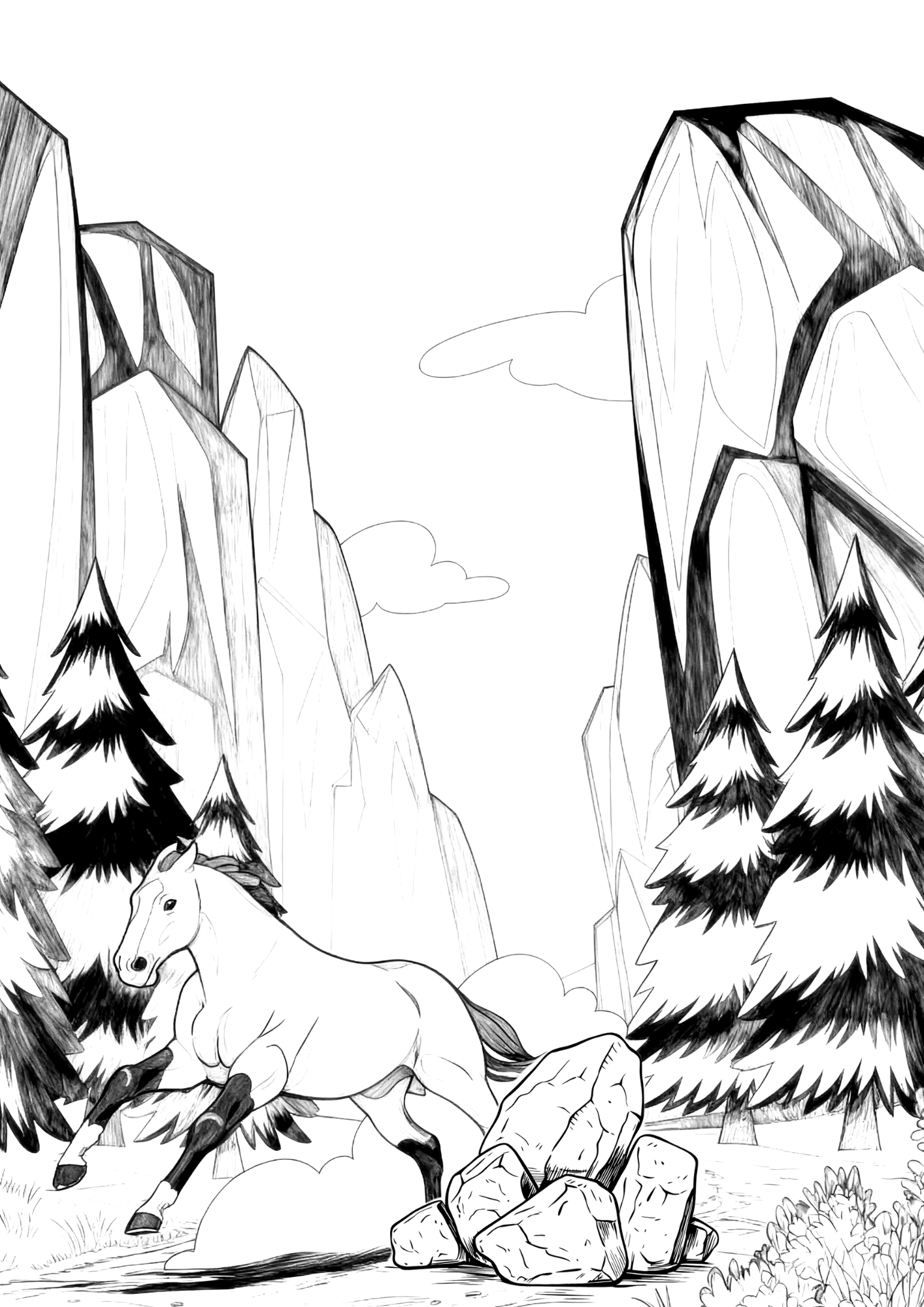 Wild horses standing in a dramatic canyon landscape free coloring page