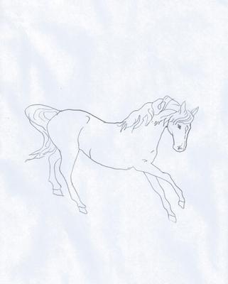 A pencil drawing of a horse cantering.