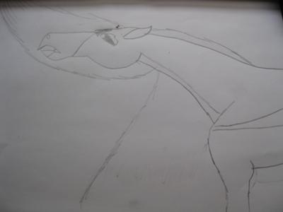 A pencil drawing of a horse stretching his neck forward with his mouth open. The horse's wing is also stretching forward but is behind his head.