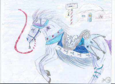 A picture of a horse cantering in front of Santa's workshop. The horse is wearing a blue saddle pad, a saddle, a halter, along with other accessories.