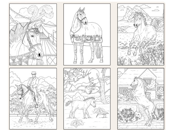 Image from Etsy of 6 unique detailed horse coloring pages