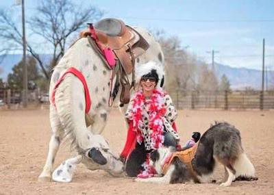 A white horse with black spots bowing next to a woman dressed up as Cruella De Vile. There is a dog on the other side of the woman.