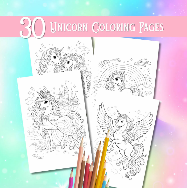 30 unicorn coloring pages from etsy