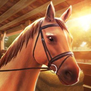 A graphic from the game Equestriad World Tour. It shows a chestnut horse with a white stripe wearing a black english bridle in an indoor arena. The sun is setting in the background.