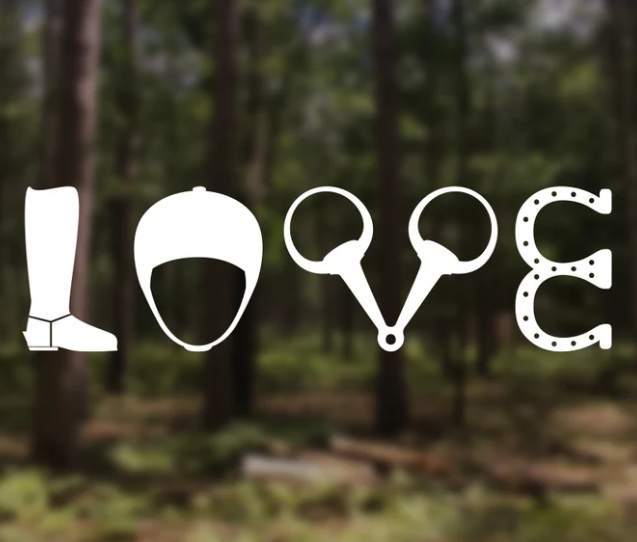 The equestrian love decal from CharlieAndGeorgia on Etsy. It shows the word love formed from a boot, helmet, bit, and two horseshoes.