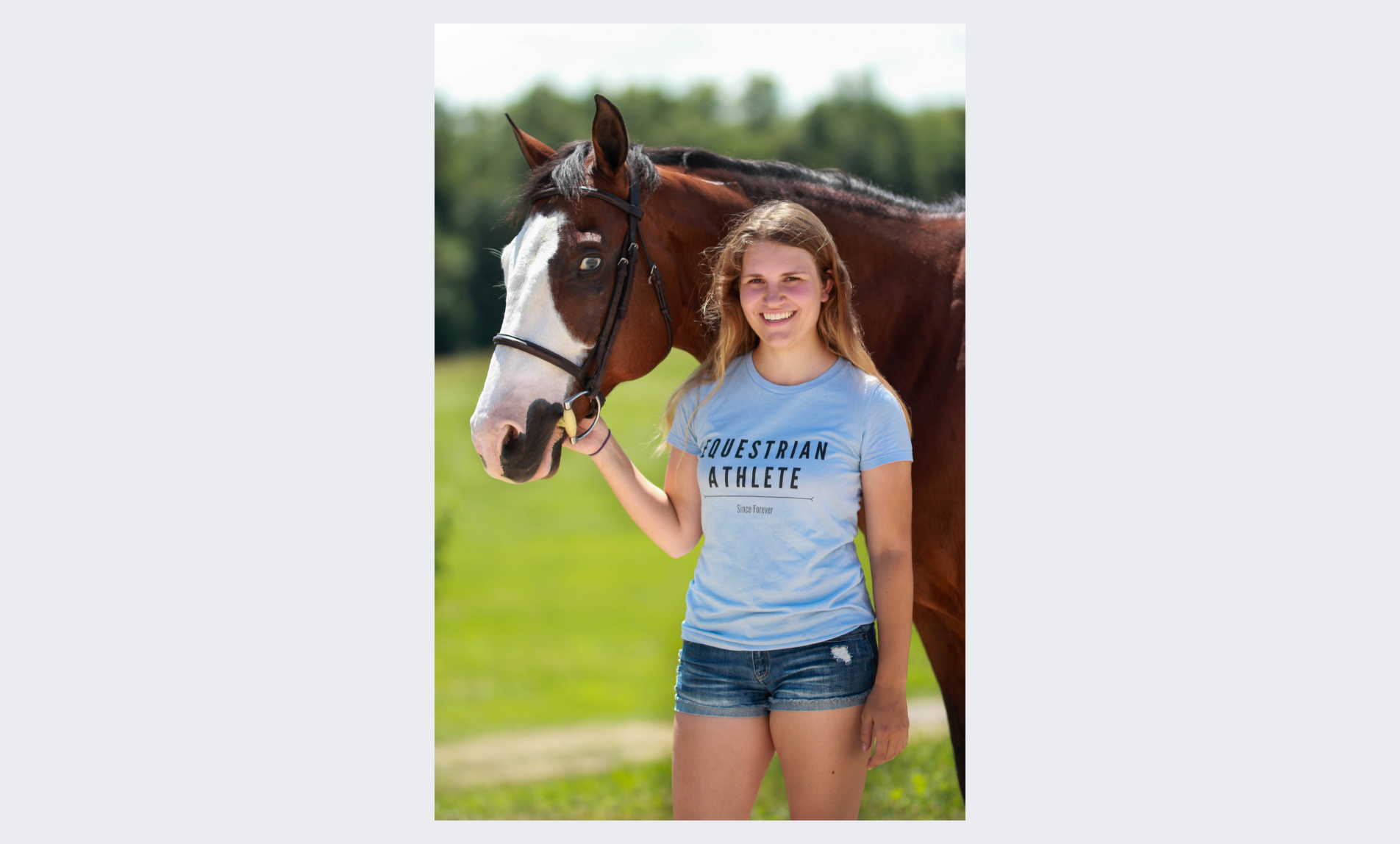 A girl wearing a t-shirt that says "Equestrian Athlete Since Forever" standing with a horse. The picture is inside a square and the text under the picture says We aren't just riders, we are athletes