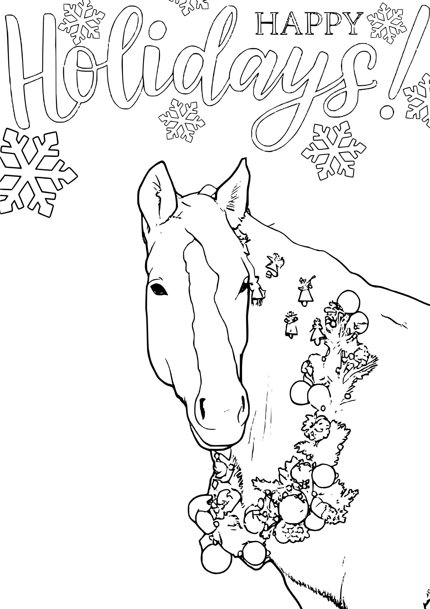Happy Holidays horse coloring page with holiday greeting