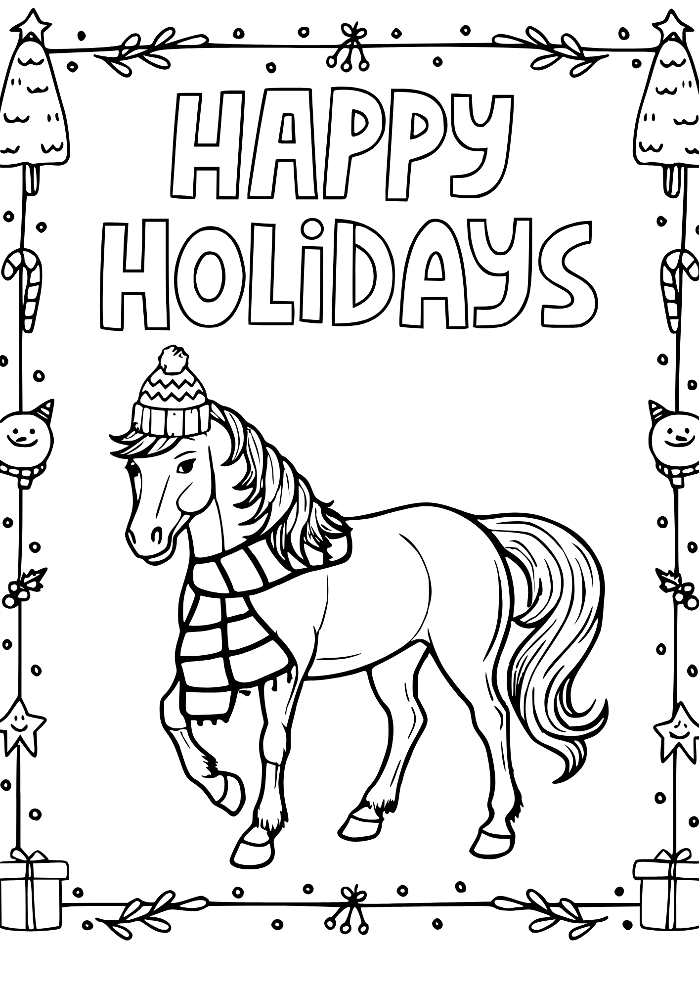Happy Holidays cute horse coloring page with simple friendly design