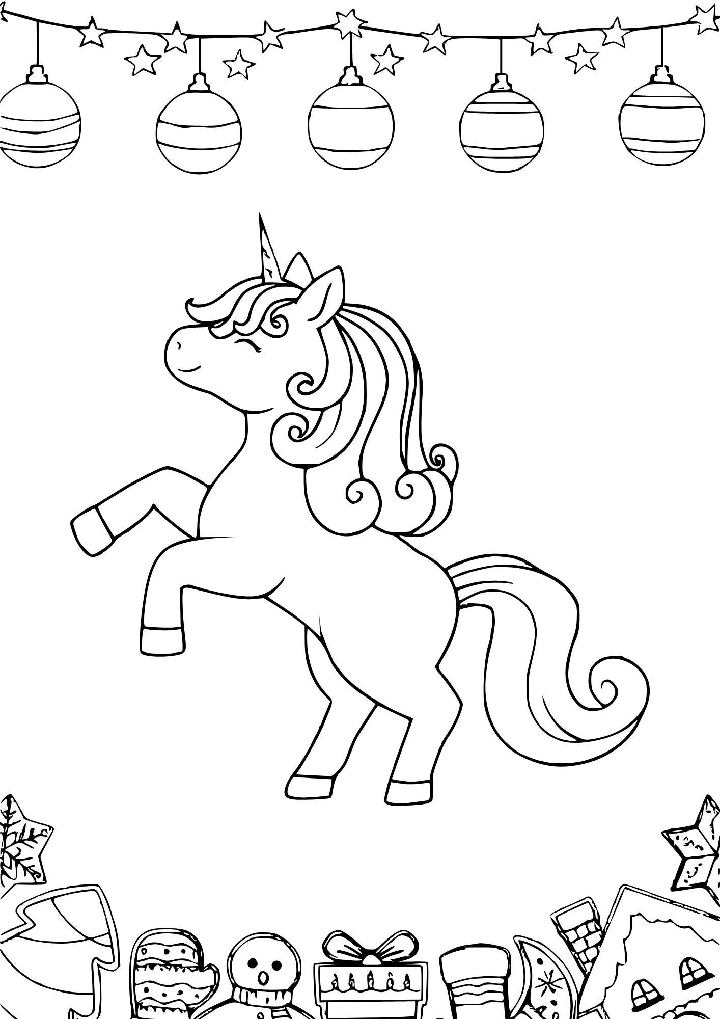 Holiday unicorn coloring page with festive Christmas theme