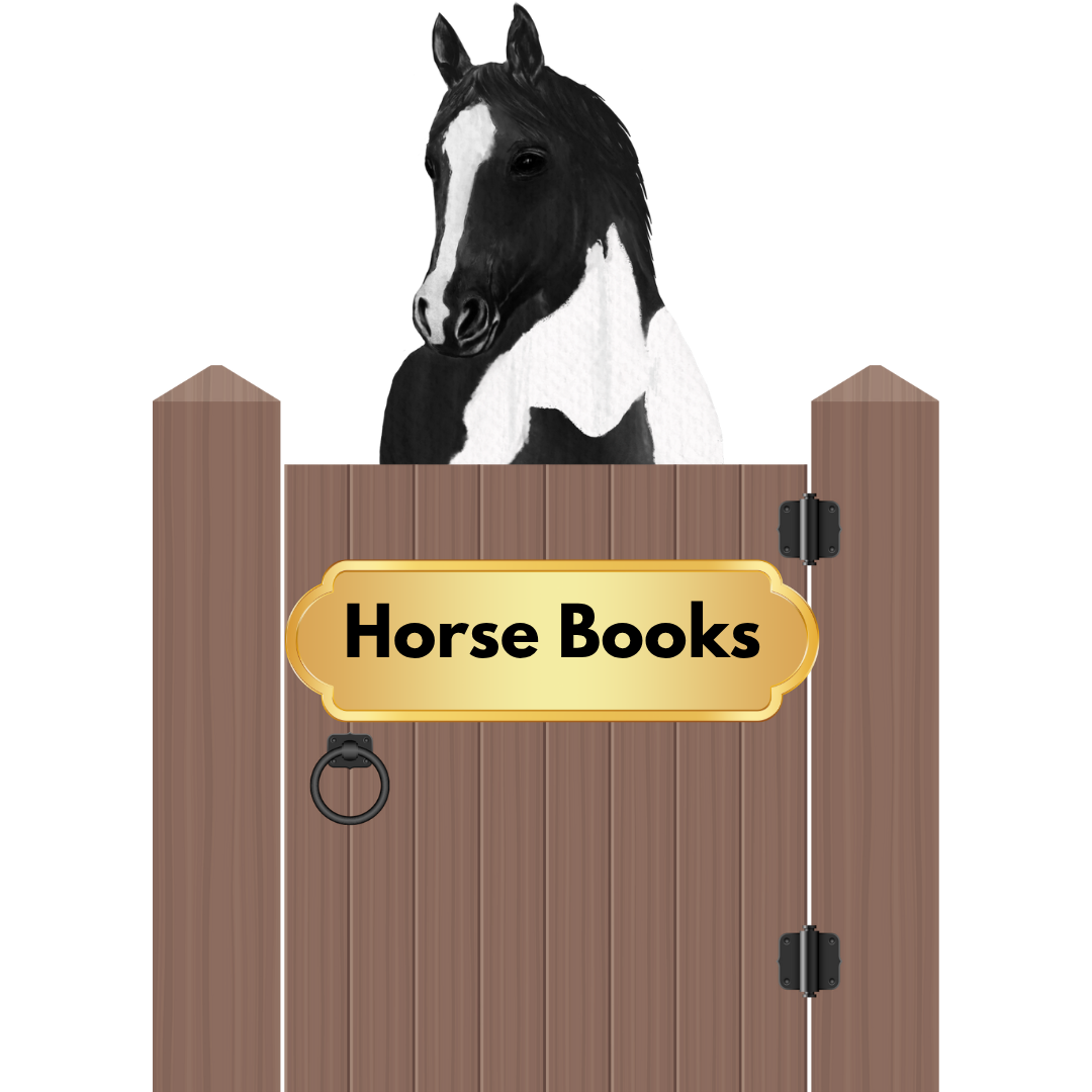 A horse in a stall with the words horse books