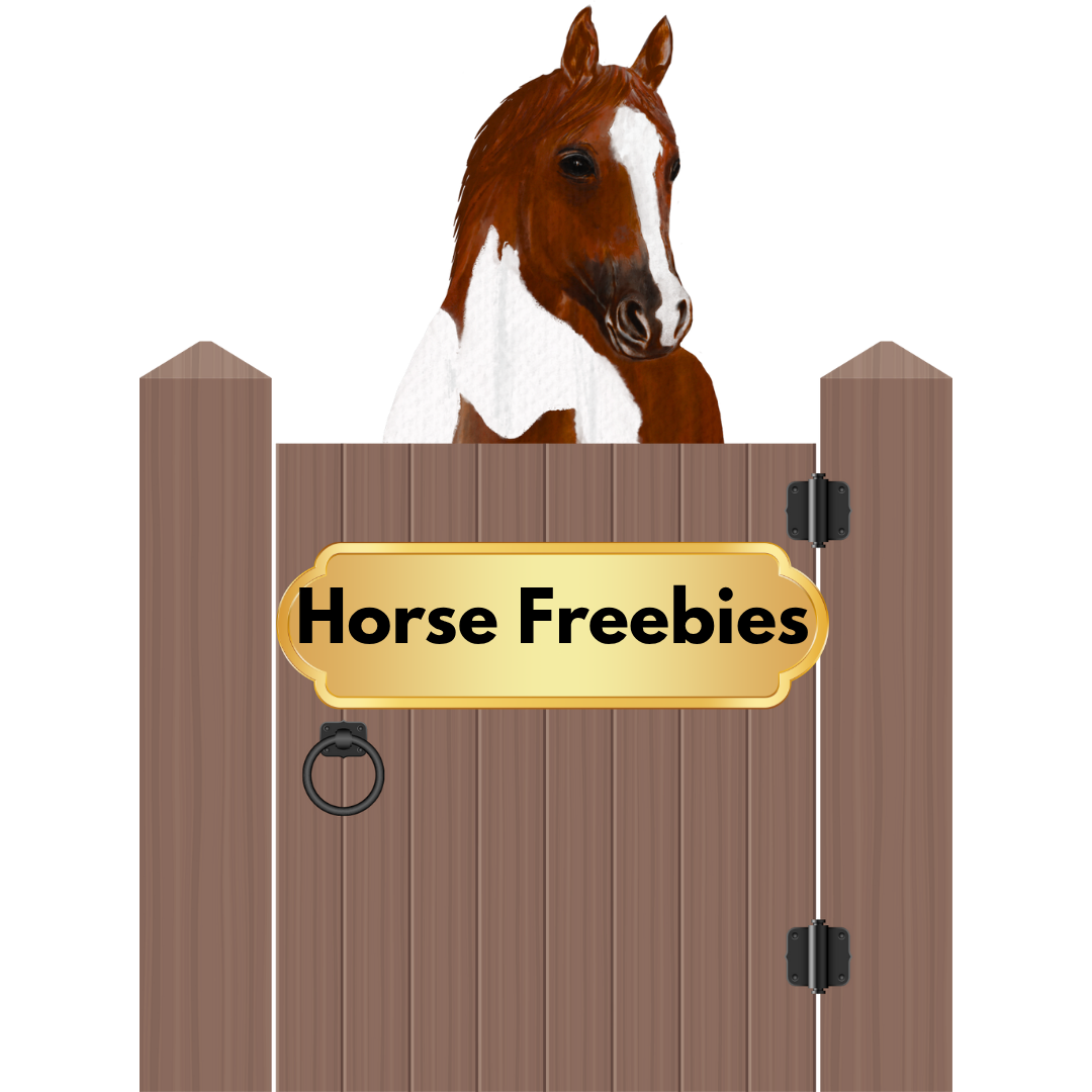 A horse in a stall with the words horse freebies