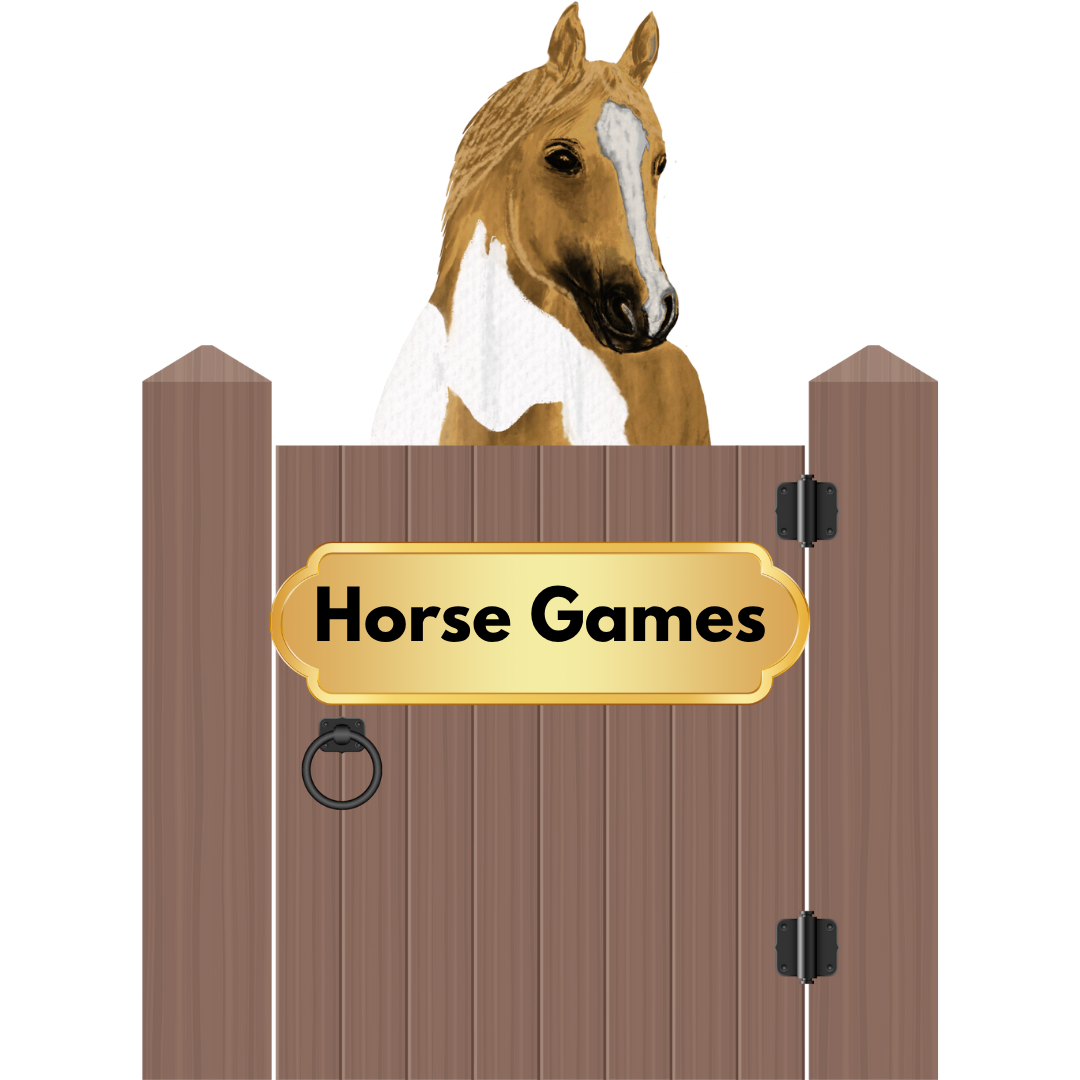 A horse in a stall with the words horse games