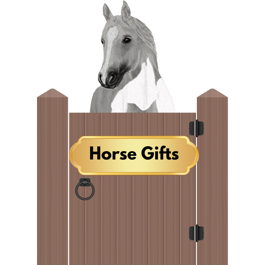 A horse in a stall with the words horse gifts