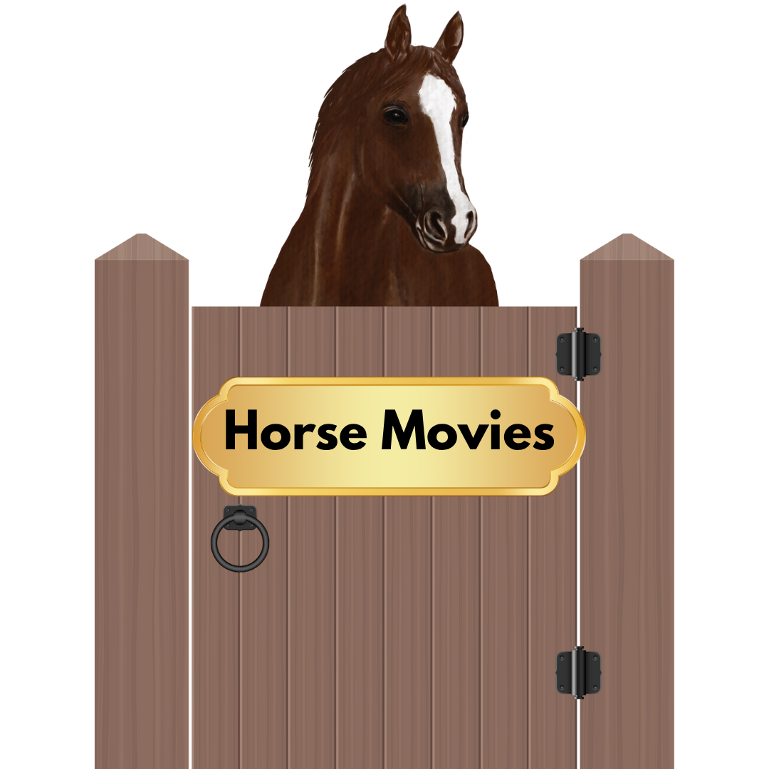 A horse in a stall with the words horse movies