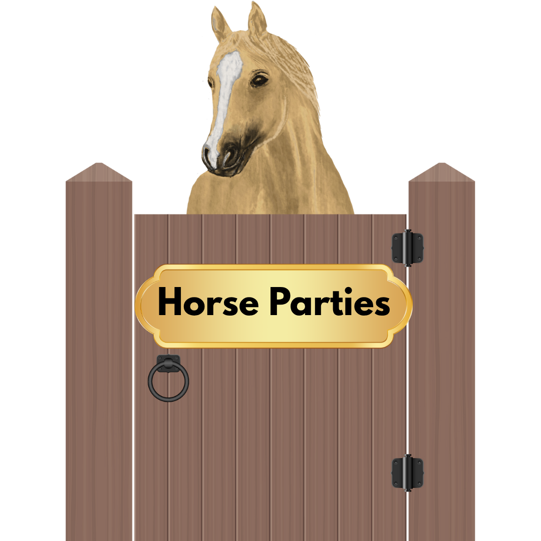 A horse in a stall with the words horse parties