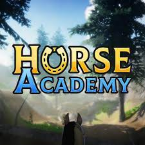 A graphic from the game Horse Academy. It shows a dirt path surrounded by trees through a pair of horse's ears. The words Horse Academy are in the middle and the O in Horse is a horse shoe.
