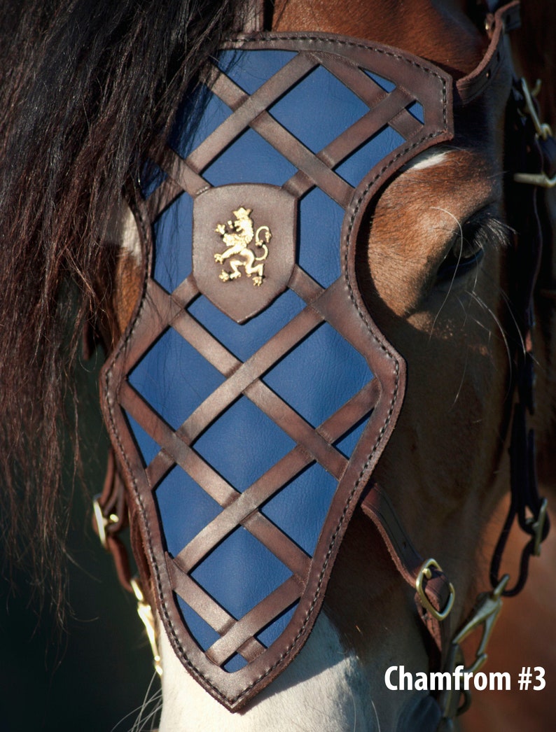 Horse with armor looking piece on the front of its head.