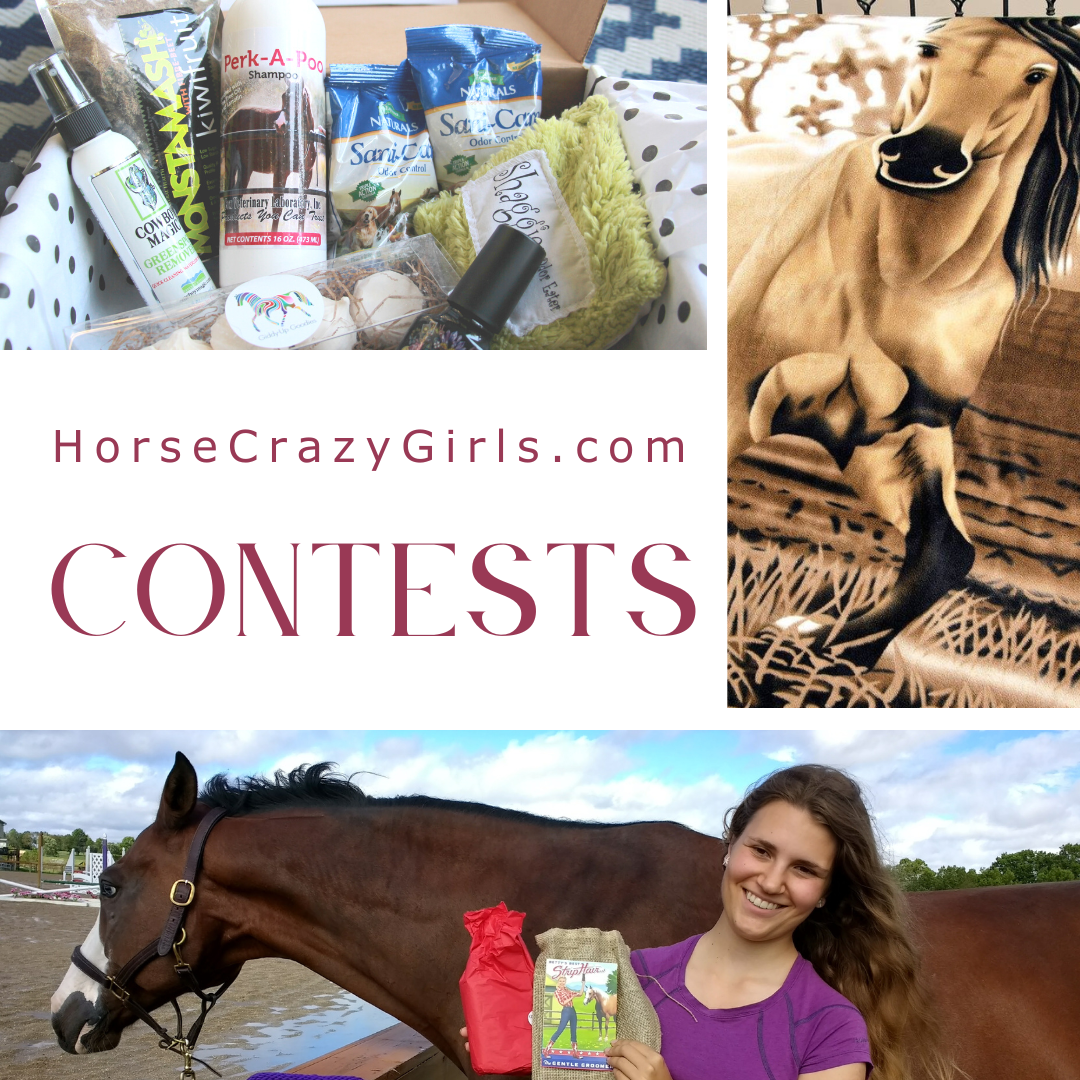 Says horsecrazygirls.com contests in maroon and has three images. Oneshows a box with horse stuff, another a blanket with a horse, and the other a horse and girl holding products.
