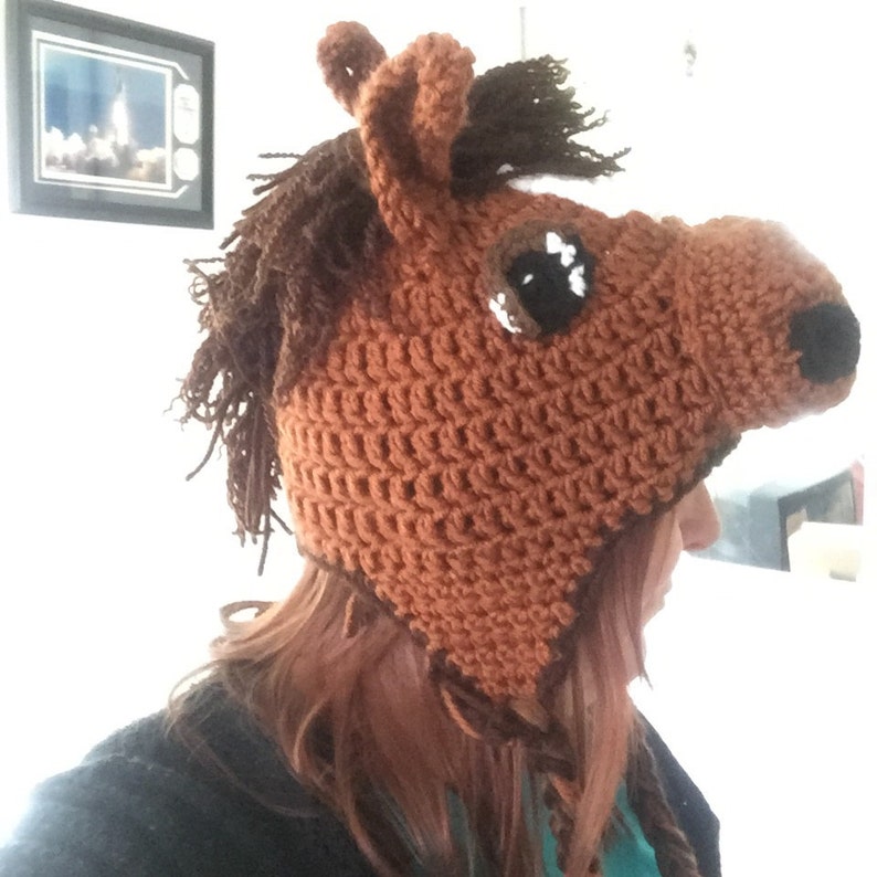 A crochet hat that looks like a bay horse head.