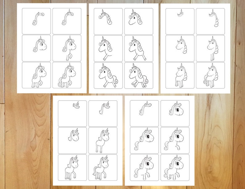A series of photos showing pages of How To Draw Step by Step Cute Unicorns.