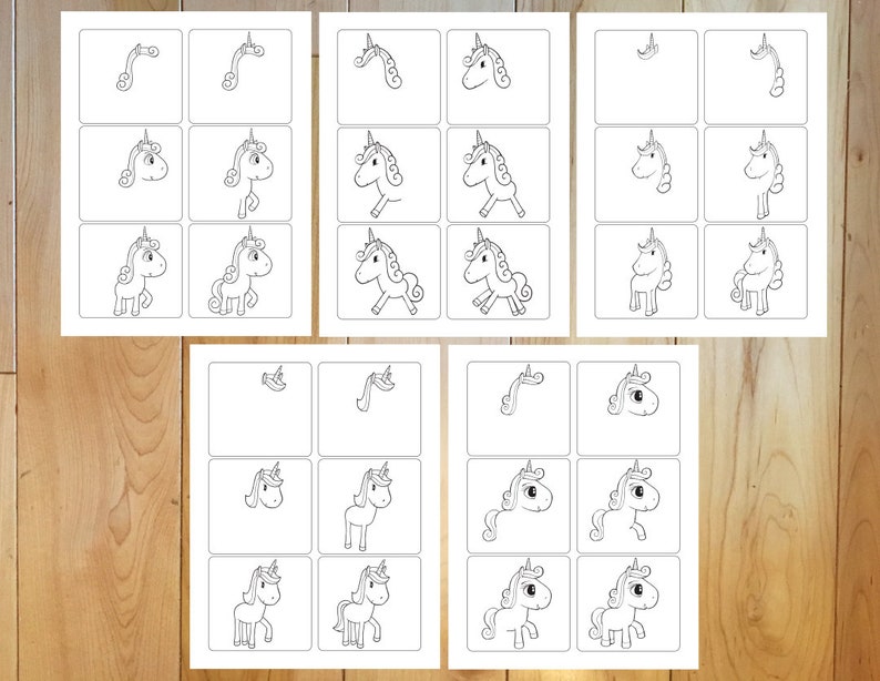 A series of photos showing pages of How To Draw Step by Step Cute Unicorns.
