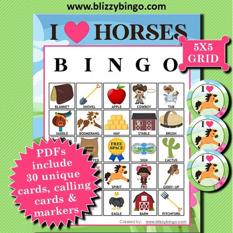 I Love Horses bingo game.