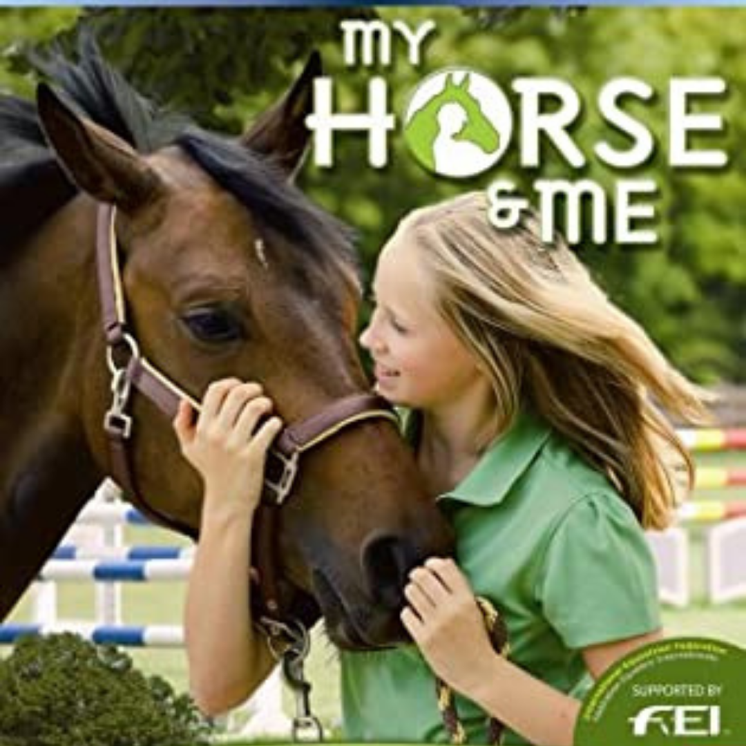 A graphic from the game My Horse & Me. It shows a dark bay horse with a small white star wearing a halter with a blond hair girl. The words My Horse & Me are in the upper right hand corner.