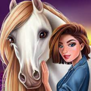A graphic from the game My Horse Stories. It shows a girl with short brown hair wearing a denim shirt standing next to and petting a white horse with a yellowish mane. The background is purple.