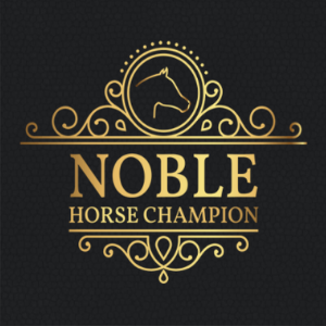 A graphic from the game Noble Horse Champion. It is a black square with gold lettering and a gold design. The words are in the middle and say Noble Horse Champion.